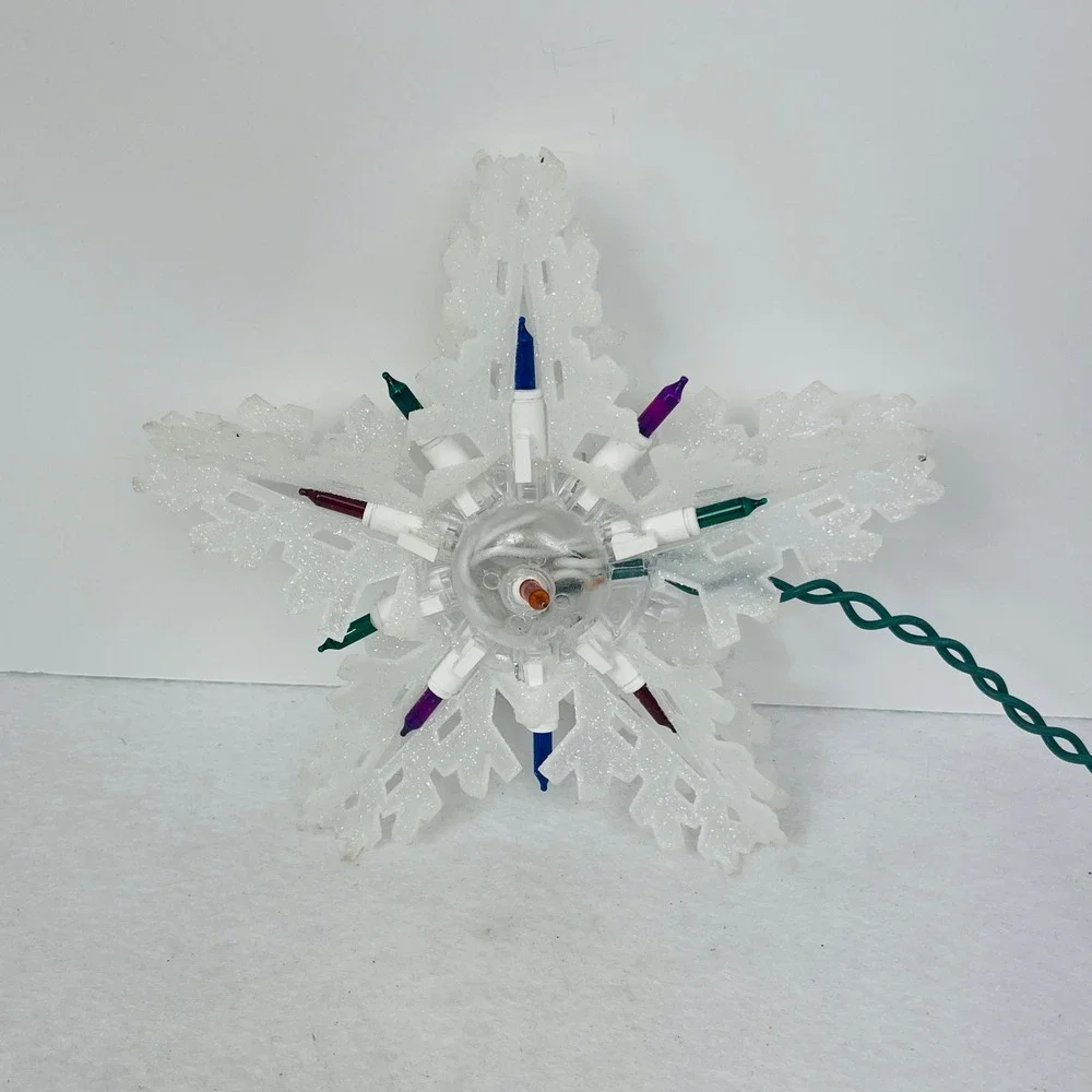 Glittery White Snowflake Christmas Tree Topper Multi-Color Lights 8.5 Inch Star